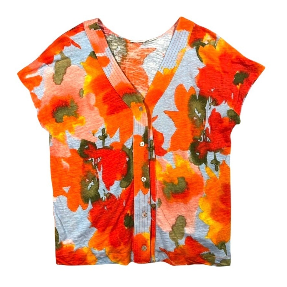 Artsy Linen‎ Blend Floral Watercolor Top S V-Neck Button Short Sleeve Orange